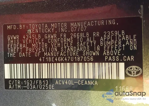 2007 Toyota Camry Le из США, поврежденный, VIN 4T1BE46K47U187056